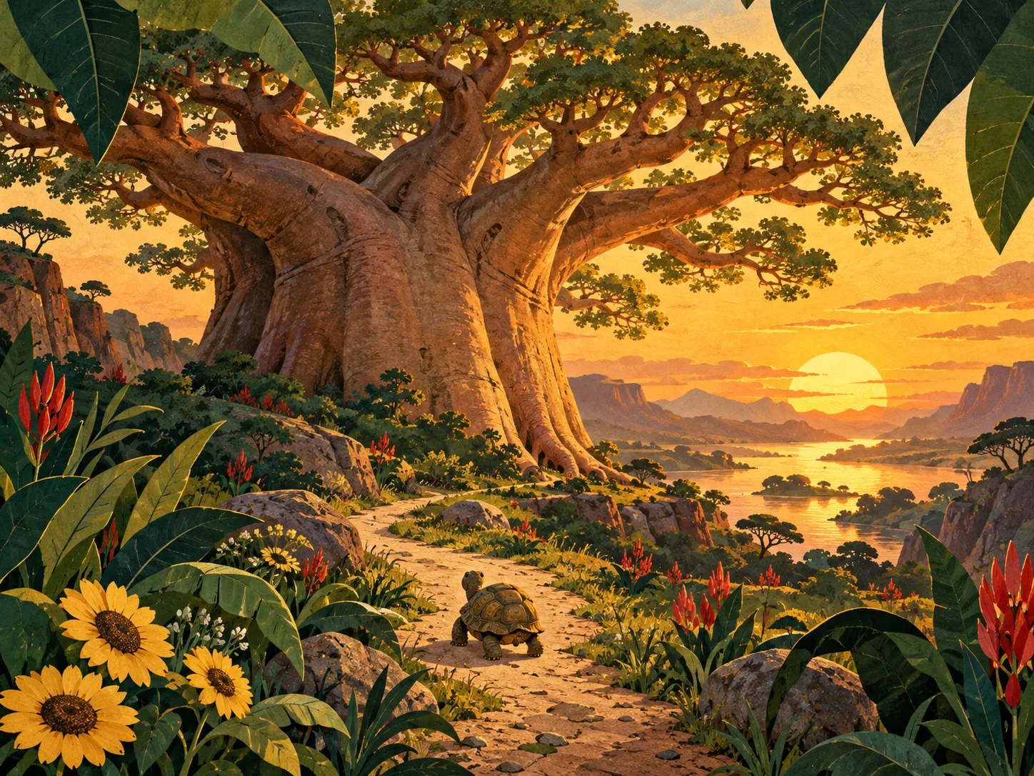 An illustrated baobab tree, golden sun, and a tiny tortoise following a winding path.