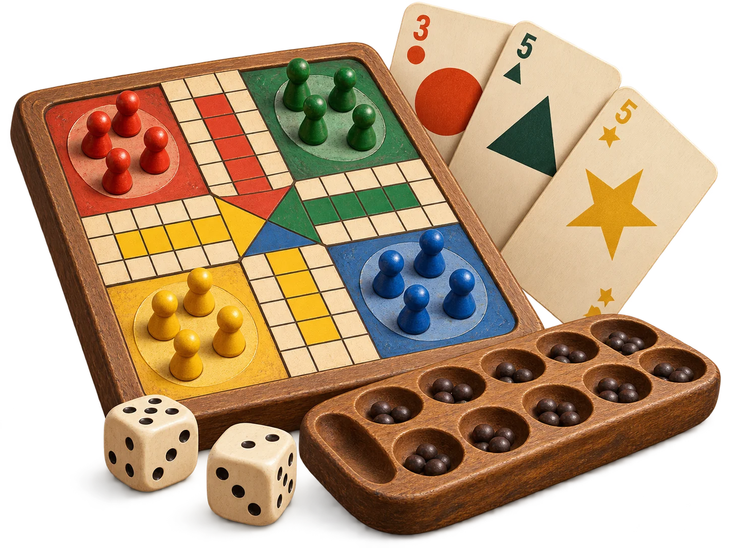 A playful game-night collection: a colorful Ludo board, Whot cards, wooden pawns, dice, and a seed-filled mancala board.