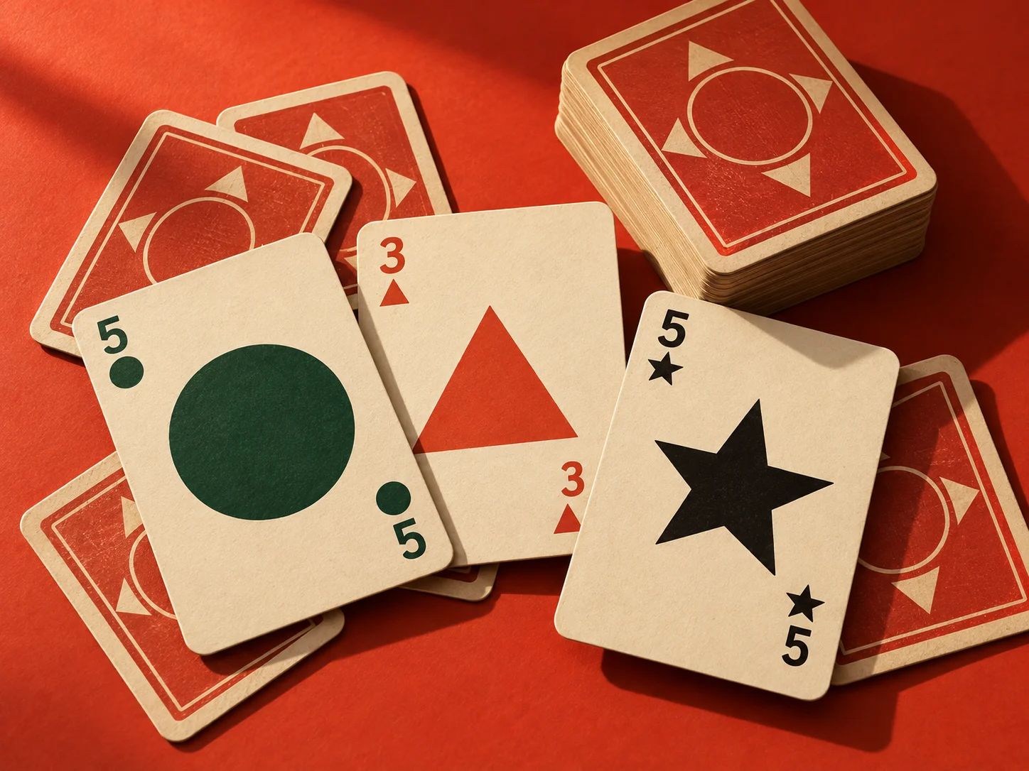 Cream Whot cards with bold geometric suits scattered across a red table.